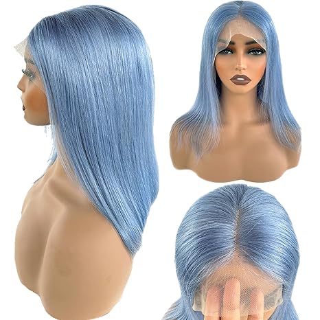 Samuel Hair 10-14Inch Light Blue Colored BOB Lace Wig,Transparent Lace Wig