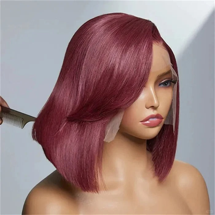 Samuel Hair 10-14Inch 99J Burgundy Colored BOB Lace Wig,Transparent Lace Wig