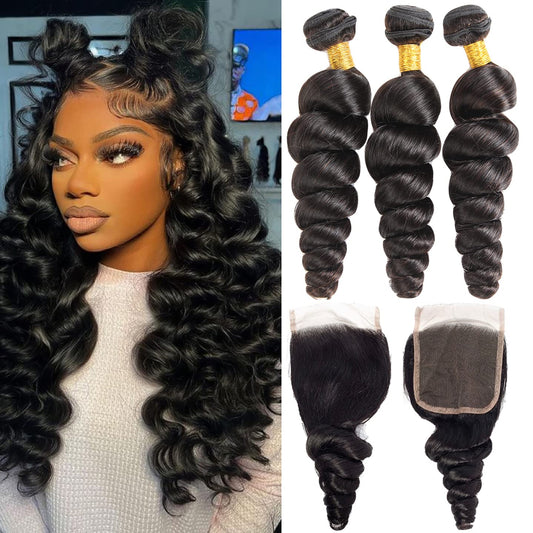 3 pieces Samuel Hair 12A Loose wave natural black hair bundles with closure/frontal free shipping