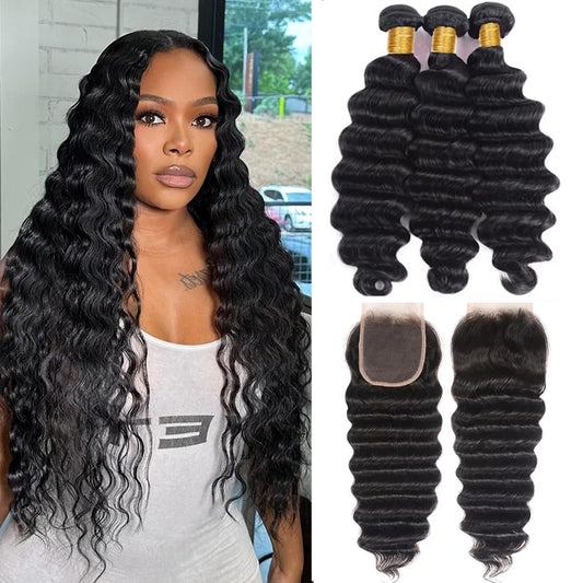 3 pieces Samuel Hair 12A deep wave natural black hair bundles with closure/frontal free shipping