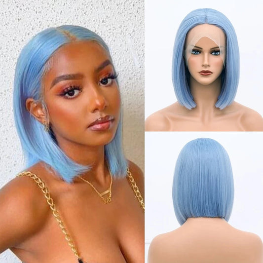 Samuel Hair 10-14Inch Light Blue Colored BOB Lace Wig,Transparent Lace Wig