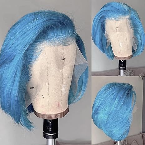 Samuel Hair 10-14Inch Light Blue Colored BOB Lace Wig,Transparent Lace Wig
