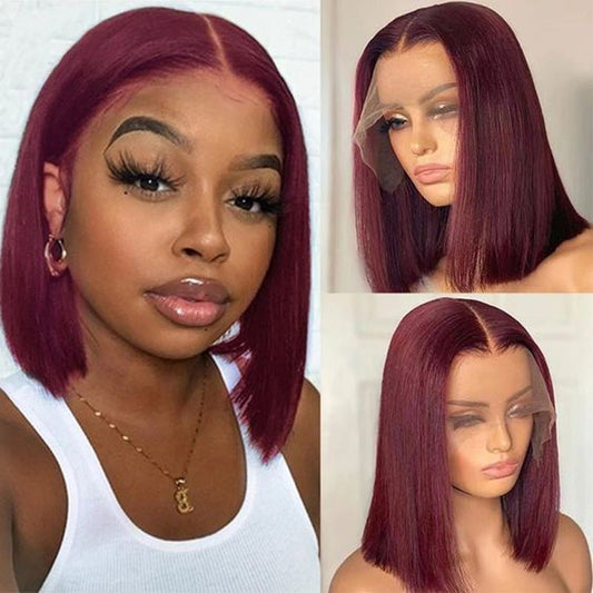 Samuel Hair 10-14Inch 99J Burgundy Colored BOB Lace Wig,Transparent Lace Wig