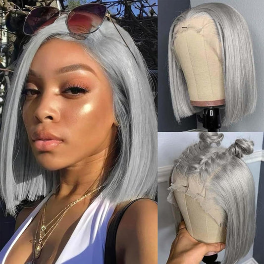 Samuel Hair 10-14Inch Grey# Colored BOB Lace Wig,Transparent Lace Wig